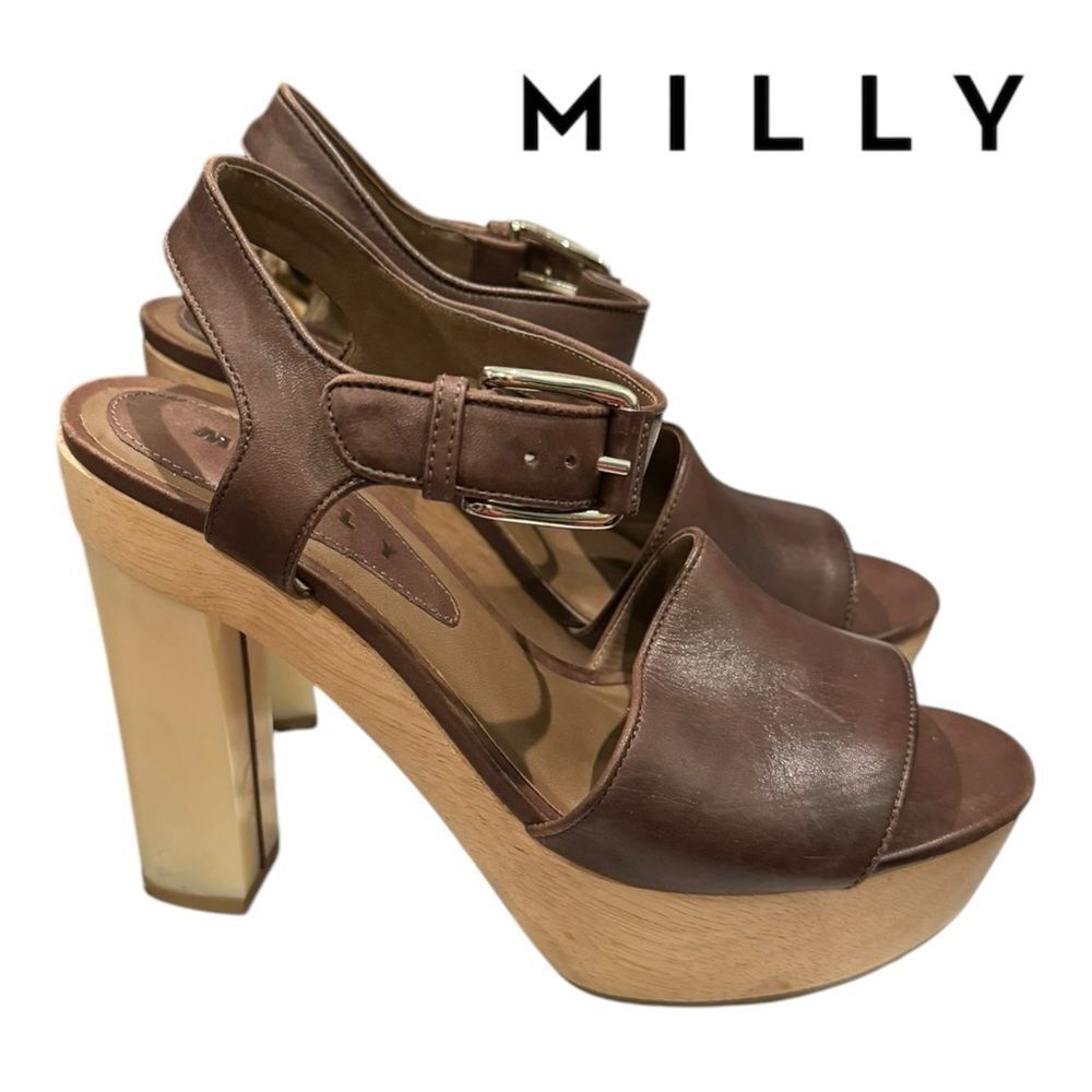 Milly Brown Leather Wood Women's Platform Sandals 39